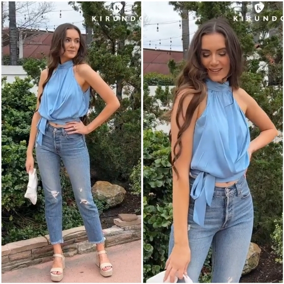 NWT Kirundo Sky Blue Satin Silk Crop Halter Sleeveless Tie Blouse Top Shirt M - Picture 2 of 11